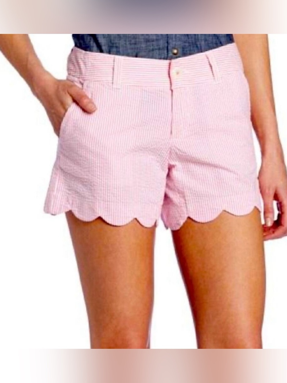 Lilly Pulitzer Buttercup Shorts Pink Fancy Seersucker Stripe Scalloped Hem Sz 14